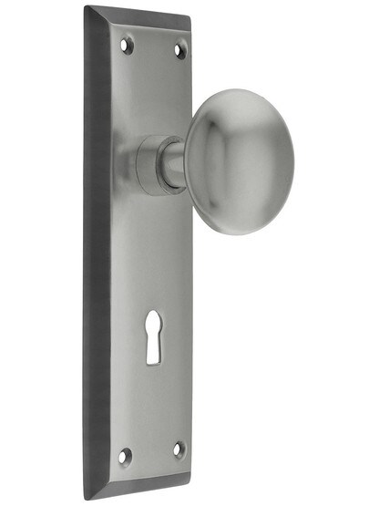 New York Mortise Lock Set With Round Brass Knobs in Antique Pewter.